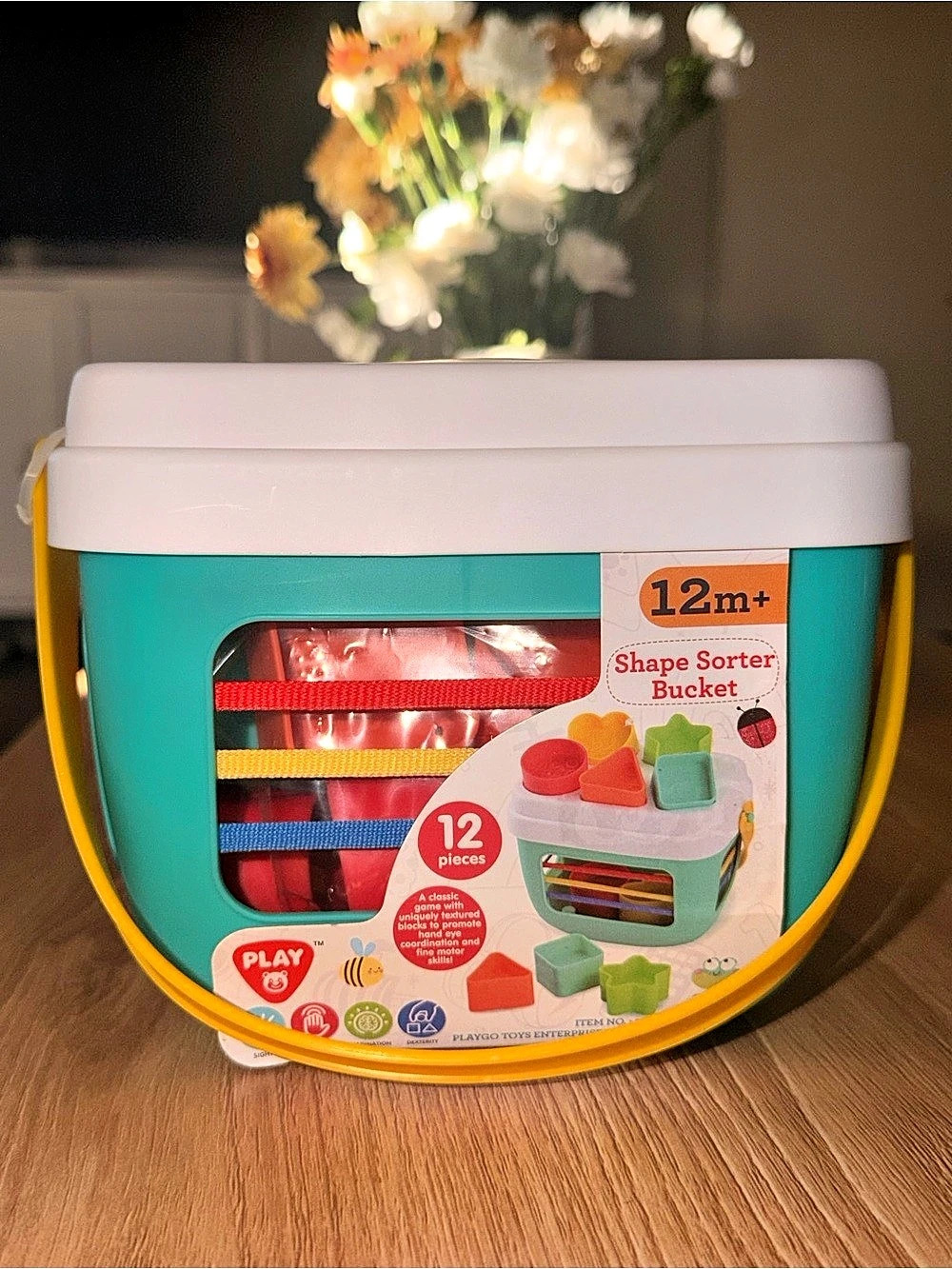 PLAY Shape Sorter Bucket 12-Piece Turquoise & White